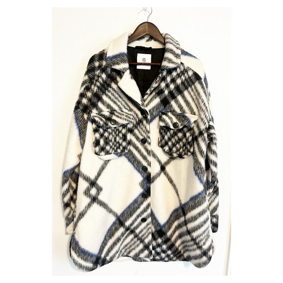 Anine Bing Oakley Plaid Fleee Oversized Coat Jacket White Black Large - Picture 2 of 10